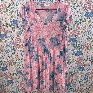 Floral V-Neck Flutter Sleeve Swing Dress